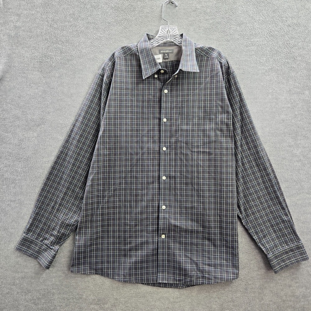 Eddie Bauer Men Button Up Shirt XL Gray Plaid Long Sleeve Collar Classic Fit